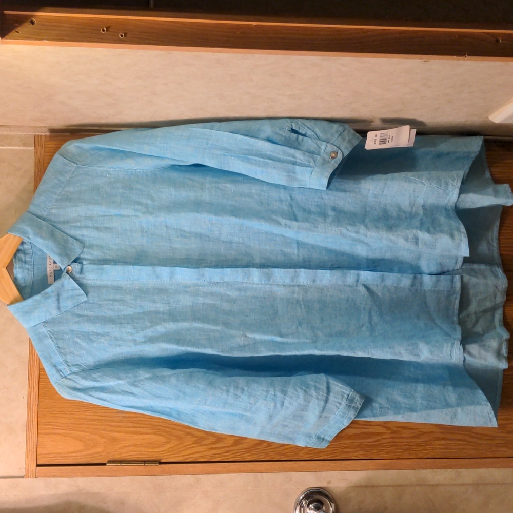 NWT-Tiny Stain: Foxcroft Linen Button Front Tunic Blouse Shirt Turquoise Size 10